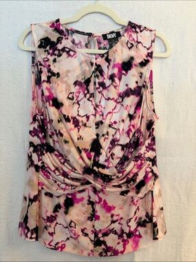 DKNY Pink and Black Abstract Drape Front Sleeveless Blouse